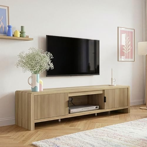 [en.casa] Mueble de TV Lukkodso con 1 Compartimento Abierto y 2 Cerrados 1 Pasacables Mueble de Salón con 2 Puertas Tablero Rectangular MDF 150 x 40 x 40 cm - Efecto Roble Medio Claro
