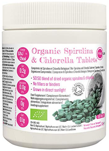 PINK SUN Organic Spirulina and Chlorella Tablets 500mg x 1000 Combined Tabs 50:50 Blend Gluten Free Non GMO Vegetarian Vegan Certified by The Soil Association Bulk Buy 500g