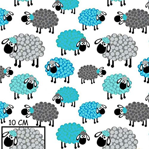 Pingianer 100x160cm Schaf 100% Baumwolle Baumwollstoff Kinder Meterware Handwerken Nähen Stoff (Schaf Blau, 100x160cm (11,99€/m))