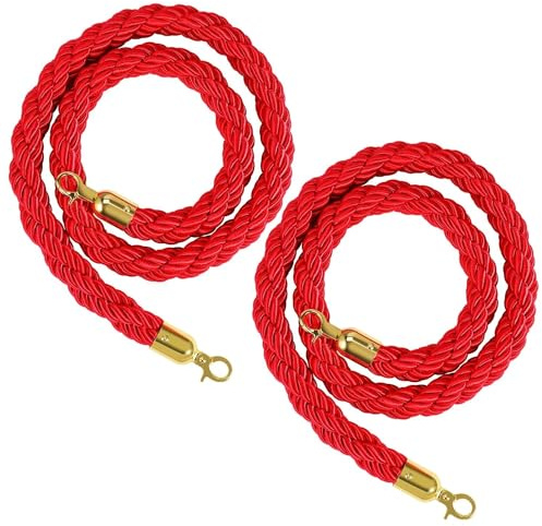 Flexzion Velvet Stanchion Rope (5FT, 2 Pack) 1.5 Thick Red Cord for Ball Crown Top Style Barriers Post, Crowd Queue Line Safe Control, Round Velour with Gold Plated Polished Brass Snap Hook