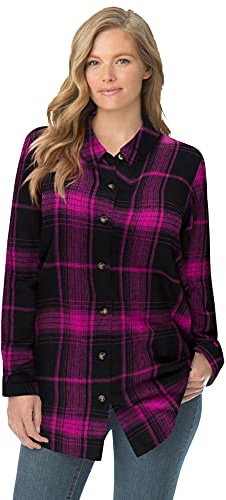 Woman Within Plus Size Classic Flannel Shirt - 1X, Pink Black Plaid