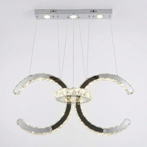 MAKA Lampadario Plafoniera LED a Sospensione Moderno in Cristallo e Acciaio Inossidabile, 30W 500LM, 3 Temperature di Colore con Switch, Design a Cerchi per Soggiorno, Camera, Base 55x15x4,5cm