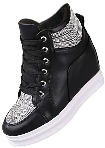 rismart Women's Wedge Heel Trainers Glitter High Top Lace-up Ankle Bootie Black,6 UK