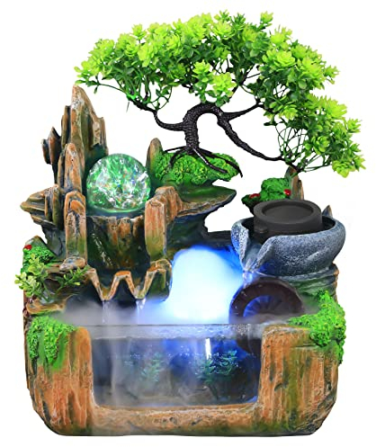 Fontaine de bureau en résine - Avec boule de cristal LED et vaporisateur - Fontaine d'intérieur