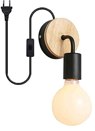 Lámpara de Pared Ajustable ángulo Moderno E27 Apliques pared Minimalista de Interior de Madera metal con Interruptor y Enchufe Europeo Focos para Comedor Dormitorio pasillo Cabecera Sala (negro)