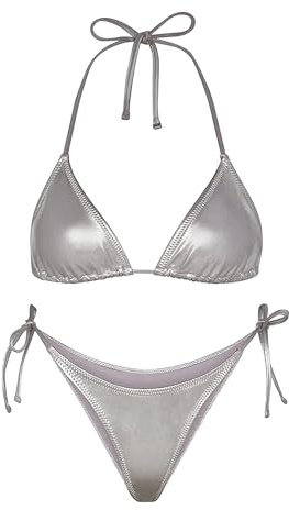 Métalliques Ensembles De Bikini Femme – Sexy Micro Bikini Métallique Rembourré Coordonné Et pour Fille Col Licou Taille Haute Transparent Maillot De Bain 2 Pièces (Silver,S,1026r)