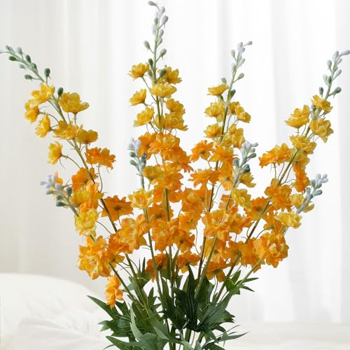 JINWOE 4Pcs Yellow/Orange Delphinium Fall Artificial Flowers,34''Long Stem Autumn Halloween Faux Silk Larkspur Flowers,Lifelike Real Touch Fake Flowers for Tall Vase Home Wedding Office Decor
