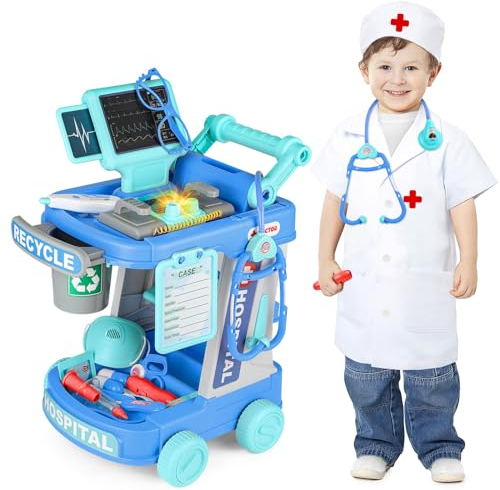 deAO Arztwagen Arztkoffer Kinder, Doktorkoffer Doktor Spielset mit Arztkostüm Stethoskop Thermometer Spritze Viel Zubehör, Arzt Set zum Rollenspiel, Medical Trolley Spielzeug, Geschenke für Kinder