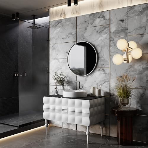 Badezimmermöbel Set Onyx Weiß 100 cm | Konsole | Keramikwaschbecken | Unterschrank | Spiegel mit LED-Beleuchtung | Softclose-Schubladen | schwarzer Marmoroptik | Badmöbel Komplettprogramme