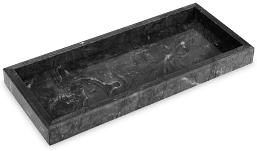 Bandeja Mármol Natural Bandeja Baño Rectangular Antideslizante Bandejas Decorativa para Cosmético, Salón, Dormitorio, Joyas, Velas, Jabón, Toalla (Negro, 30 x 13 x 3 cm)