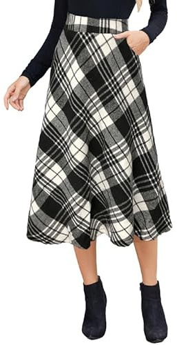 Alaster Queen Womens Long Plaid Skirt Ladies Midi High Elastic Waist Winter Pockets Skirts