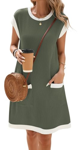 Famulily Summer Dresses for 2025 Women UK Casual T-Shirt Cap Sleeve Dress Loose Swing Rib Texture Sundress Army Green XL