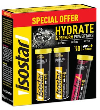 ISOSTAR – Hydrate & Perform Powertabs 3er-Pack – Brausetabletten für isotonische Sportgetränke – 3 Röhrchen (2 x Zitrone und 1 x Cranberry) à 10 Tabletten, 360 g