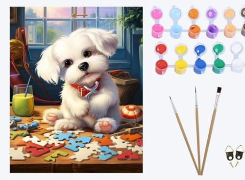 XIAOYOUQIAN White Jigsaw Dog，Paint by Numbers for Adults, Painting by Number Kits On Canvas, DIY Color Oil Painting, Home Wall Decor 16x20in/40x50cm ，with Frame
