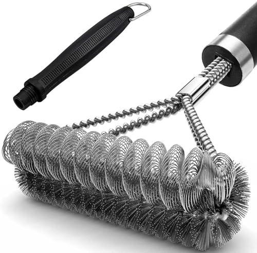 Kezidhp Cepillo Limpieza Barbacoa con Cerdas Acero Inoxidable - para Parrilla Carbón, Gas, Eléctrica - Mango PP 45.5 cm Aislamiento Térmico - Raspador Incluido - Accesorio para Jardín, Camping