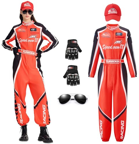 EinZeugnik Disfraz Piloto Carreras Carnaval Mujer, Mono Rojo de Carreras, Fiestas de Disfraces Piloto para Adultos con Gorra, Gafas de Sol y Guantes (S-2xl) |, Carnaval, Halloween, Cosplay
