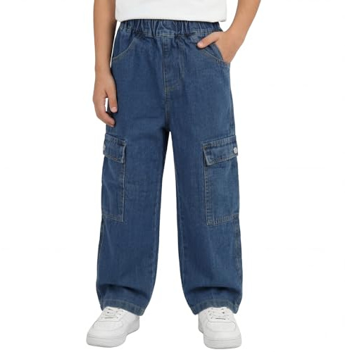 Tokeya Jeans Baggy Ragazzo Bambino Pantaloni Cargo Denim 7-15 Anni | Tasche Multiple, Vita Elasticizzata, Gamba Dritta, Loose Fit, Stretch Bambini Jeans Cargo, Casual Moda Vintage Streetwear