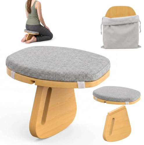 CISSIYOG Banco de meditación plegable de bambú, taburete ergonómico de meditación con cojín y bolsa de transporte, taburete portátil de yoga para arrodillarse, rezar y meditar para casa y viajar
