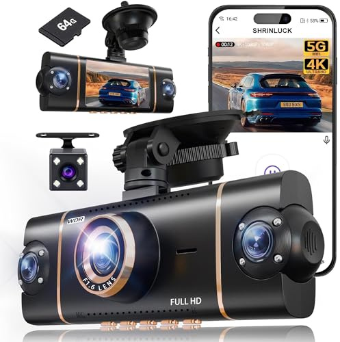 4 Channel Dash Cam, 4K + 3 x 1080P Front/Rear/Inside/Side 360°View | 64GB Card Included, Built-in 5G WiFi GPS, 24H Parking Mode, G-Sensor, Loop Recording
