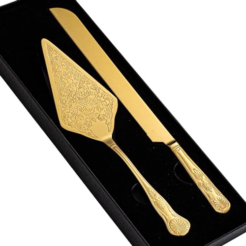 GURUDAR Vintage Wedding Cake Knife and Server Set, Stainless Steel Cake Pie Pastry Cutting Knife & Serving Spatula Set, Premium Party Supplies for Wedding, Birthday, Anniversary & Events, Gold