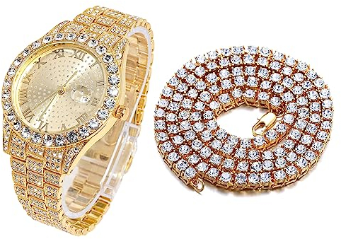 Halukakah Diamant Golduhr Iced Out, Männer 18k Echtgold Plattiert Quarz Armband 24cm Rundes Zifferblatt, mit Tennis-Ketten Halskette 45cm, Kommt mit Geschenkbox
