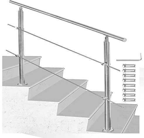 Joparri Barandilla para escaleras de acero inoxidable para exterior e interior, 120 cm con 2 barras transversales y accesorios, ángulo ajustable para jardín, entrada de casa, parapeto, balcón