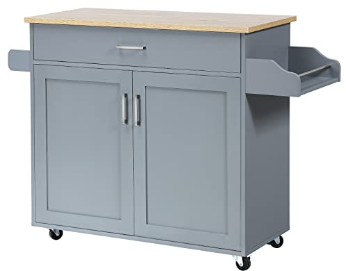 GOPLUS Serveringsvagn med låda och skåp, rullbar köksvagn, sidovagn med justerbar skiljevägg, 2 hjul med broms, av trä, i lantlig stil, för kök restaurang (grå)