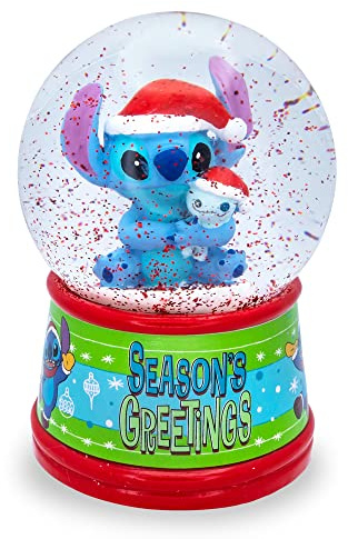 Disney Lilo & Stitch säsongshälsningar upplyst vuxen snöglob med virvlande glitter display bit | 15,2 cm lång