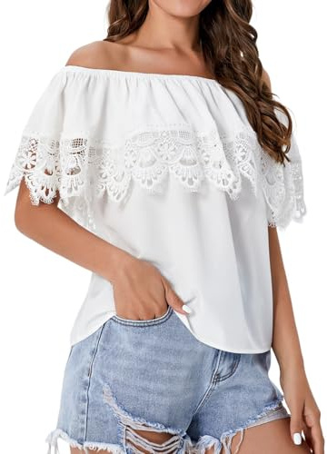 WDIRARA Women's Off the Shoulder Ruffle Trim Short Sleeve Lace Blouse Casual Tops Beige L