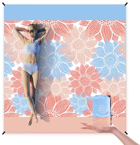 WIWIGO Beach Blanket Sandproof Extra Large Beach Mat Adults Waterproof Quick Drying Sand Free Mat Made By Premium Polyester with 4 Stakes & 4 Corner Pockets for Outdoor Travel Camping Hiking