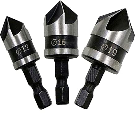 Fixinus 3-tlg Senkbohrer Holz, Versenkbohrer Kegelsenker Set 5 Flöte Kegelsenker Senker Entgrater Set mit Metall Senker Sechskantschaft 90° 5 Nuten Fasenwerkzeug, ø12,16,19mm
