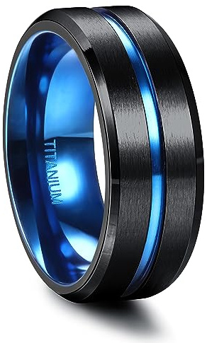 FIOROYAL G23 Titan Ringe Herren 8MM Ring Schwarz mit Blau Mittelrille Verlobungsring Mann Eheringe Titan Partnerringe Schwarz Männer Ringe Größe 67