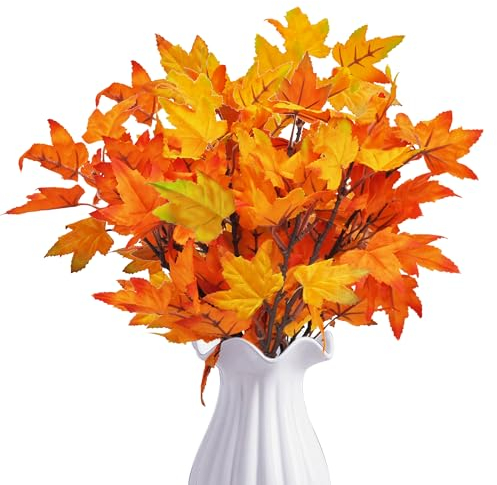 ROLLWAY 6 Bündel Künstlich Herbstblumen Herbstdeko, Kunstblumen Herbst Ahornblätter Herbstblätter Künstliche Zweige Blätter Deko，Herbststrauß Herbstzweige Herbstlaub für Tisch Innen (Gelb, 40CM)