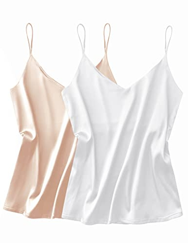 Ekouaer 2 stycken dam satin linne linne silke cami camisole undertröjor spagettiremmar V-ringad baslinne justerbar rem S–XXL, Vit + champagne, XXL