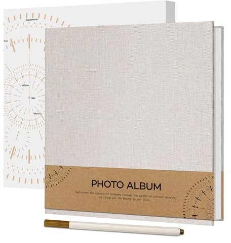 Vienrose Self Adhesive Photo Album for 4 x 6 Picture, Linen Cover Scrapbook Album 40 White Pages DIY Photo Book with a Ballpoint Pen for Wedding, Birthday, 17x18 cm，Beige