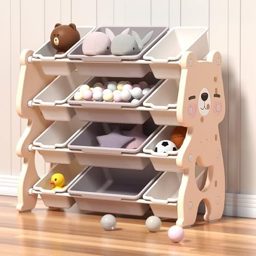 GOODS EMPORIUM Children's Toy Storage Unit - Kids Storage Boxes for Living Room, Bedroom, Playroom, Daycare, and School. Toy Organiser (Light Pink - Large - Bear)