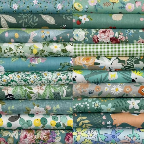 EDGEAM 20 Pezzi Tessuto Cotone 25x25cm Stoffa Patchwork Multicolore Tessuti per Cucito Tessuto Fai da te (Verde)