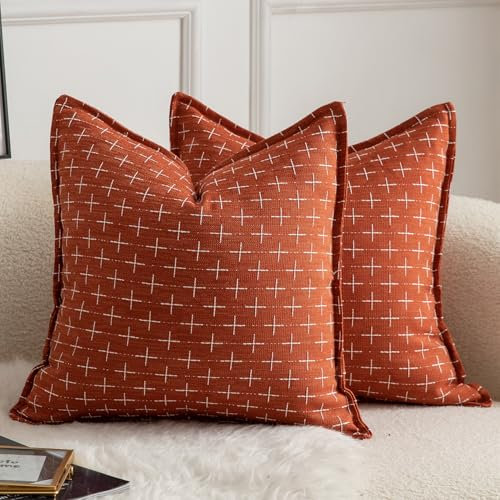 Mandioo 2er Set Kissenbezug Hanftuch Weben Textur Modern Bauernhaus Kissenbezüge Kissenhülle Dekorieren Zierkissenbezug Sie Wohnzimmer Sofa Schlafzimmer Bett 50x50cm Karamellfarbe