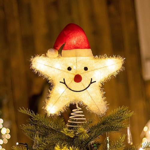 Stereo Christmas Star Topper - Lighted Santa Hat Star With 10 Lamp Beads - Holiday & Christmas Tree Decoration, 10 Inch，White