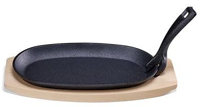 HENDI Bandeja fuente plato sartén de hierro fundido para servir, multiusos, con base salvamantel de madera de abedul, mango extraíble, apta para horno, para servir comida caliente, 280x140x(H) 30mm