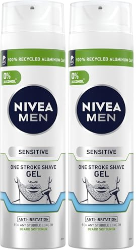 NIVEA MEN Sensitive One Stroke Shaving Gel (200ml) With Chamomile Extract + Vitamin E, Beard Softener for Men, Pack of 2