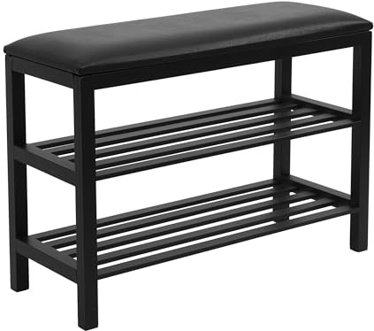 FRAMADO - Panca per Scarpe con Seduta - Scarpiera con Posti a Sedere - 75x30x55cm - in Metallo, 2 Ripiani - Panca da Ingresso POSTO2 Nero con Seduta in Ecopelle Nera, Struttura in Metallo da 30mm