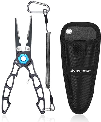 FLISSA Lightweight Fishing Pliers, Multi-Functional Fish Pliers with Safety Lock Design, Titanium Alloy Jaws, Tungsten-Steel Cutters, Lanyard & Carrying Bag, Ideal for Sea & Freshwater Fishing
