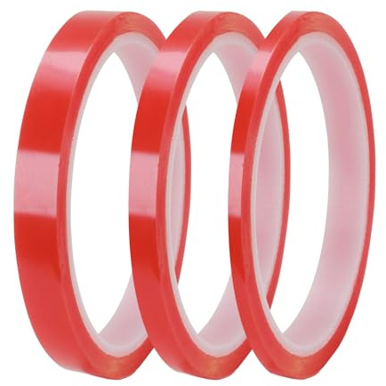 3 Rolls Double Sided Tape (3mm, 6mm, 9mm Width), 15m Strong Clear Double Sided Tapes, Thin Red Liner Super Strong Sticky Self-Adhesive Tape for Mobile Repair Screen Assembly Crafting DIY Projects