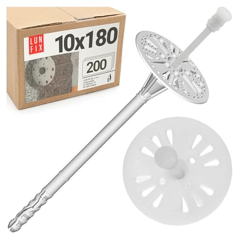 Lun Fix Tasselli isolanti 10 x 180 mm (200 pezzi) – Tasselli a percussione WDVS tasselli per polistirolo EPS, tasselli isolanti per isolamento facciata, tasselli in plastica
