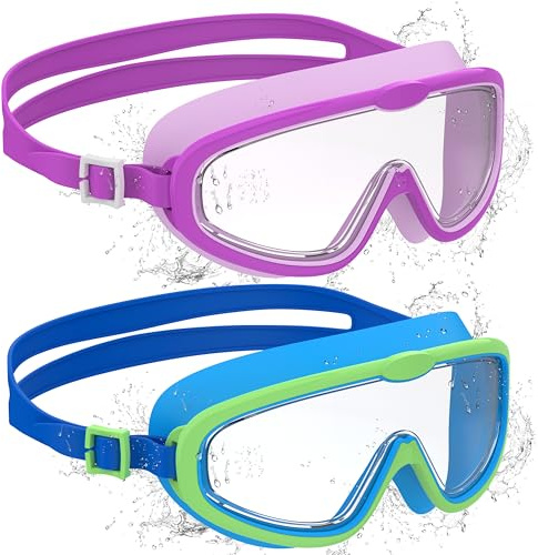 Ambienden 2 Pcs Occhiali Nuoto Bambini, Anti-Fog con Visione Chiara, Protezione UV, Guarnizione in Silicone, Telaio Grande Occhiali da Nuoto Unisex per Bambini da 6 a 14 anni, N