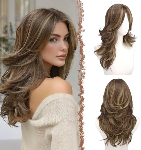FESHFEN Layered Brun Mixte Blond Perruques Ondulée avec Franges 50 cm Perruque Longue avec Centrale pour Femmes Naturelle Wig Synthétique Résistante Perruques de Cheveux Fête Quotidienne Cosplay