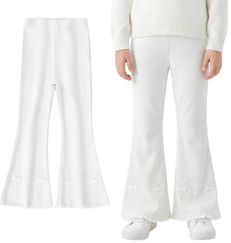 FILOWA Utsvängda leggings för flickor bomull bootcut stretch långa utsvängda byxor med hög midja leggings yoga fritid löpning vår höst för barn 3–11 år, Vit, 9-11 år