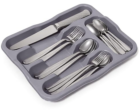 DIVCHI 5 Compartment Cutlery Tray Compact Storage Divider for Kitchen Drawers Plastic Cutlery Organiser Insert Anti-Slip Base, Utensil Holder for Knives Forks Spoons, Durable Easy Clean (Light Grey)