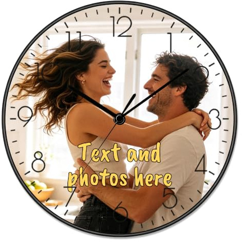 AASFK Custom Wall Clock, Personalized Round Clock with Photo, Logo, Text | Black, gold, white, blue border, silent 8-16 Inch, customized memory photo gift for relatives & vouples, home office decor